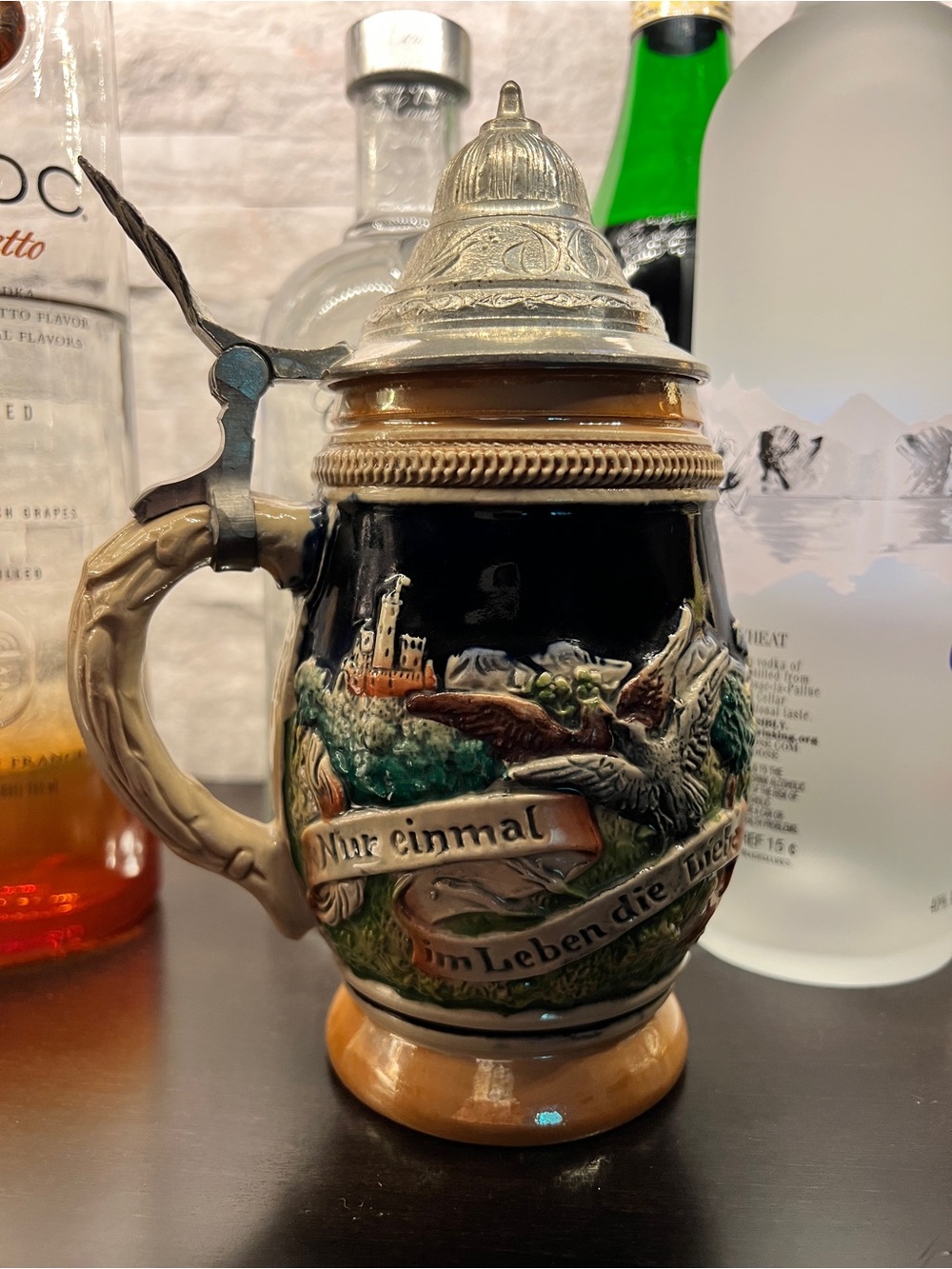 Vintage German Ceramic Beer Stein with Pewter Lid Castle and Birds Relief Stein